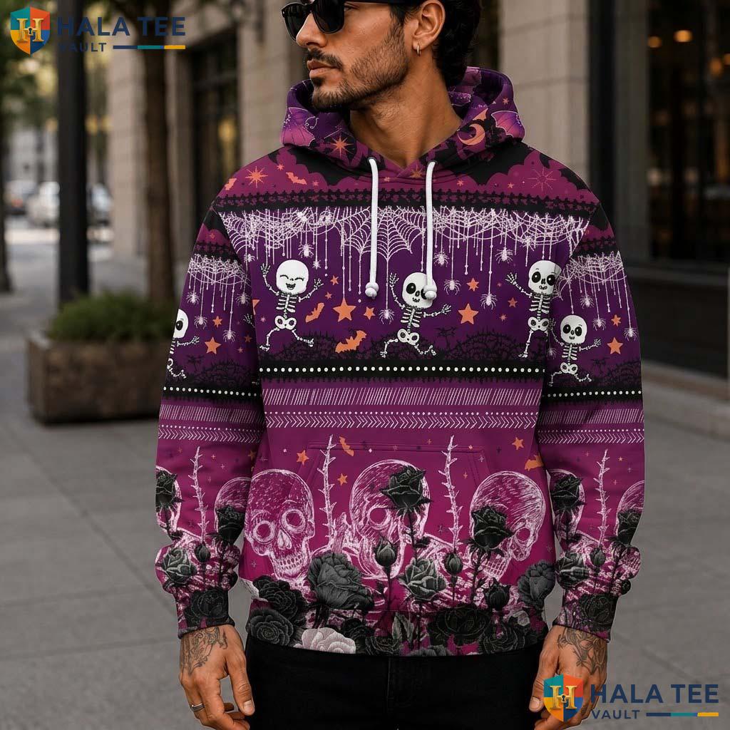 Whimsical Skeleton Floral 3D Printed Hoodie Playful Skull Rose Halloween Event