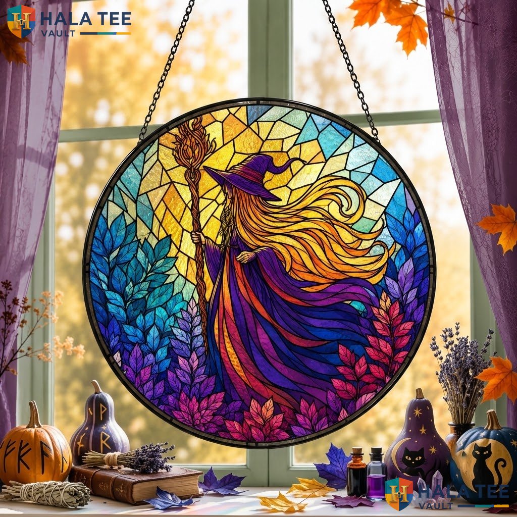 Whimsical Witch Halloween Stained Glass Suncatcher Enchanting Moonlit Garden