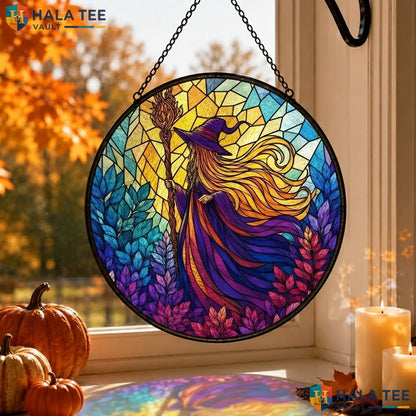 Whimsical Witch Halloween Stained Glass Suncatcher Enchanting Moonlit Garden Adult