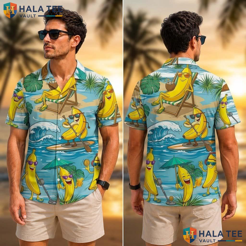White Banana Funny Tropical Shirt Mens Crazy Graphic Vacation Apparel