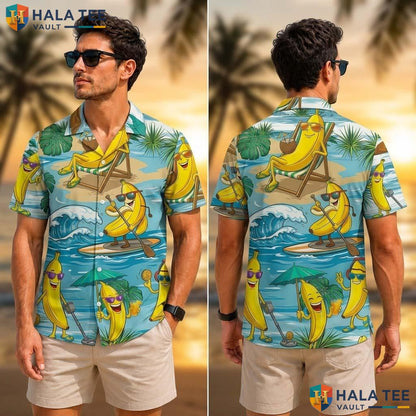 White Banana Funny Tropical Shirt Mens Crazy Graphic Vacation Apparel