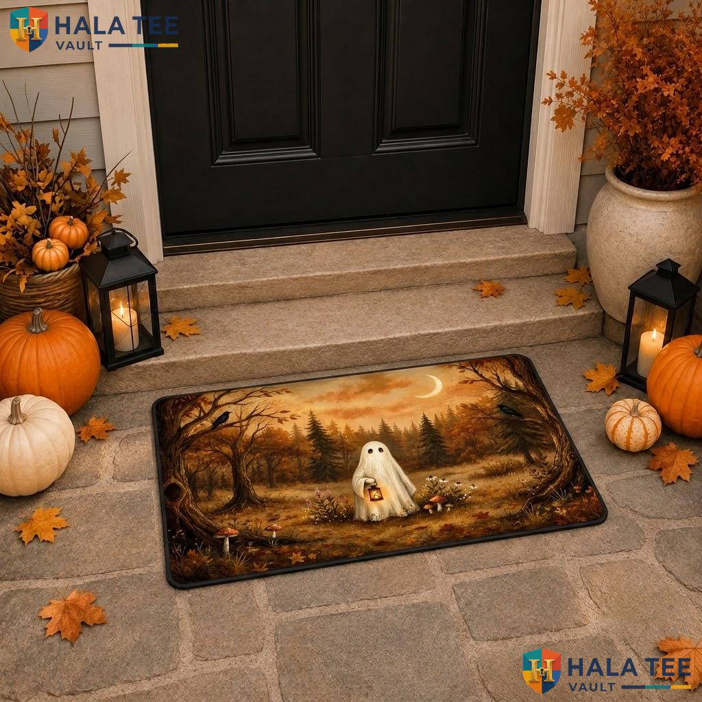 White Cute Ghost Halloween Doormat Spooky Moon Autumn Forest Welcome Rug