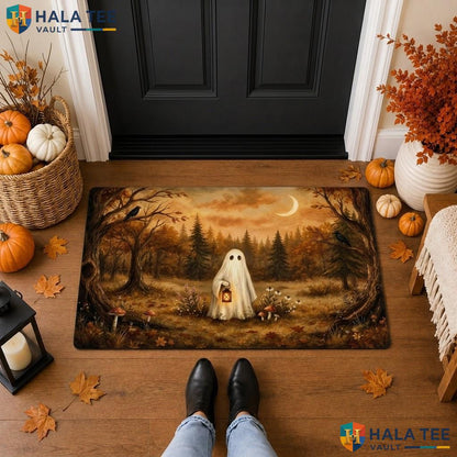 White Cute Ghost Halloween Front door mat Spooky Moon Autumn Forest Welcome Rug