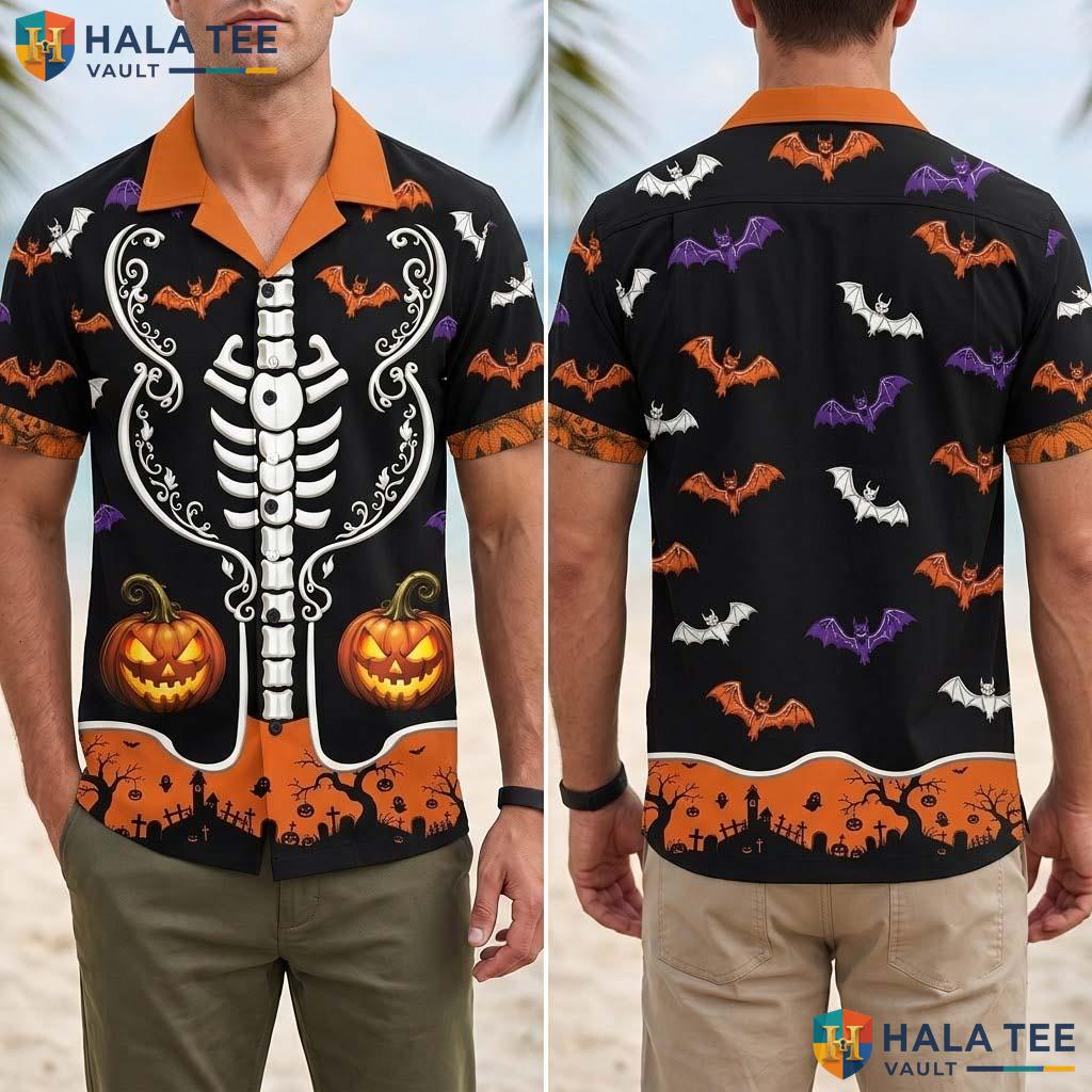 White Fall Halloween Hawaiian Shirt Spooky Skull Bat Pattern Aloha Adult
