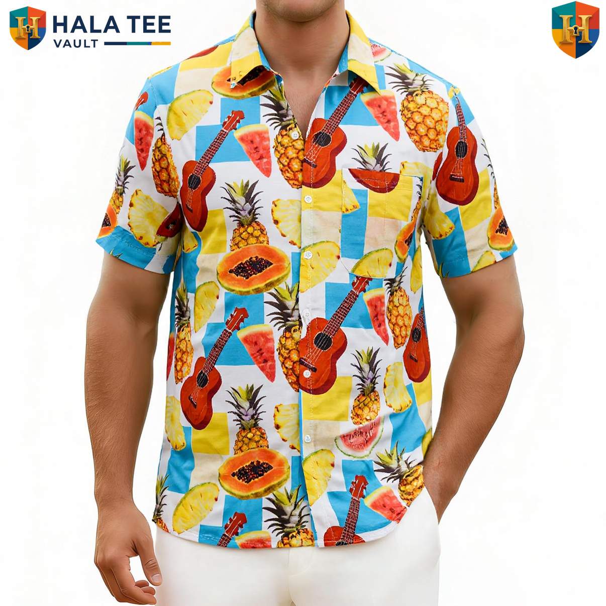 White Guitar Tropical Hawaiian Shirt Mens Resort Button Down Music Festival Top