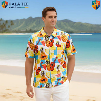 White Guitar Tropical Short-sleeve button-up shirt Mens Resort Button Down Music Festival Top