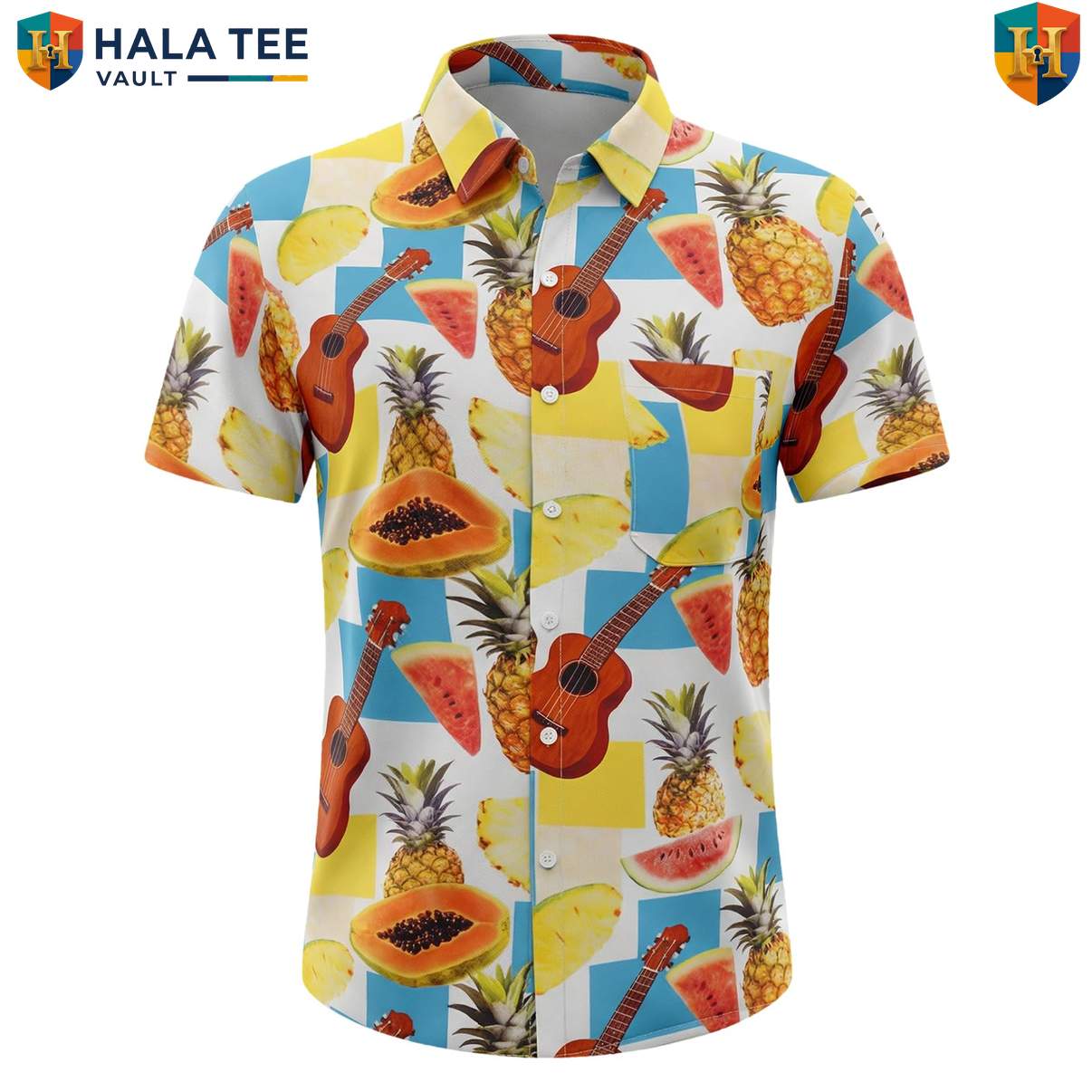 White Guitar Tropical Aloha Shirt Mens Resort Button Down Music Festival Top