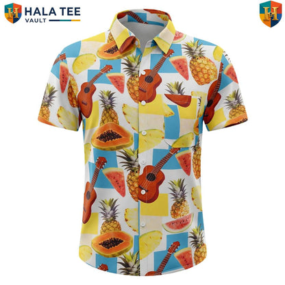White Guitar Tropical Aloha Shirt Mens Resort Button Down Music Festival Top