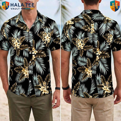 White Leaf Black Aloha T-Shirt Mens Tropical Casual Summer Beachwear Top