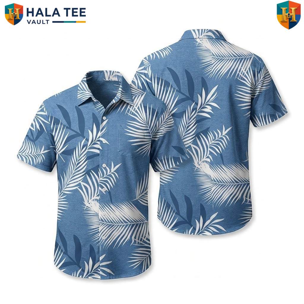White Leaf Blue Aloha Shirt Mens Tropical Casual Summer Beachwear Top