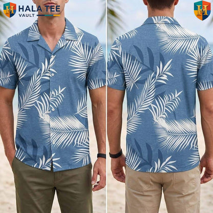 White Leaf Blue Aloha T-Shirt Mens Tropical Casual Summer Beachwear Top