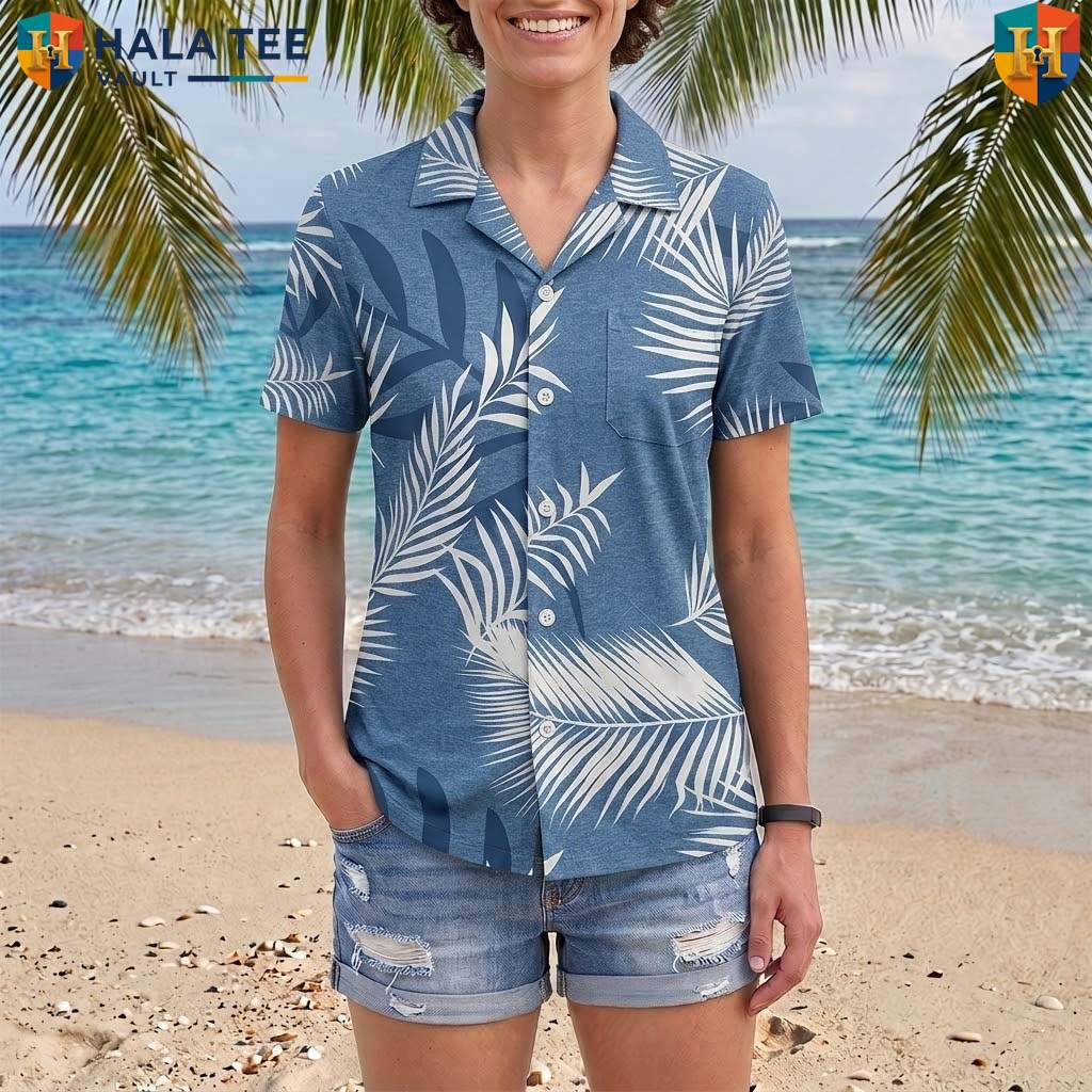 White Leaf Blue Aloha TShirt Mens Tropical Casual Summer Beachwear Top