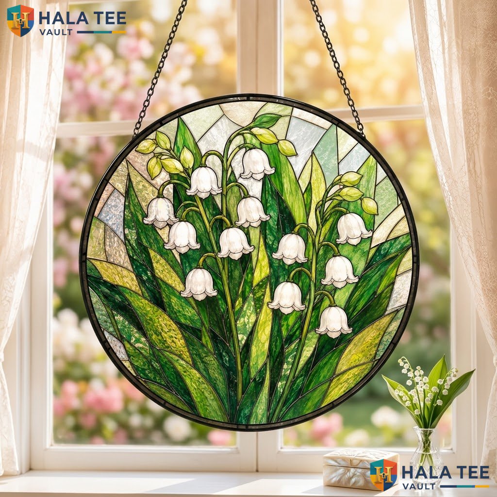 White Lilies Halloween Stained Glass Suncatcher Elegant Vintage Nature Window