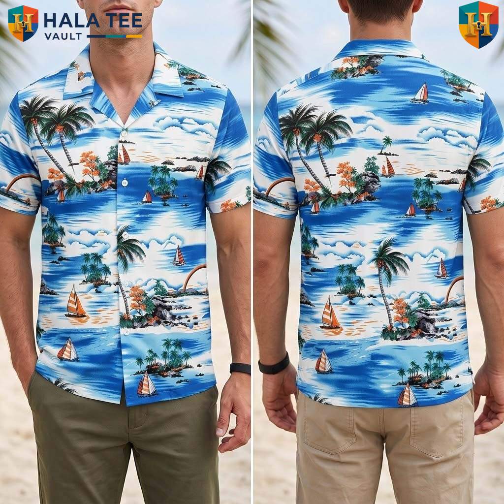 White Palm Tree Aloha T-Shirt Mens Tropical Casual Summer Beachwear Top