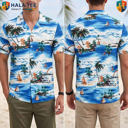 White Palm Tree Aloha T-Shirt Mens Tropical Casual Summer Beachwear Top