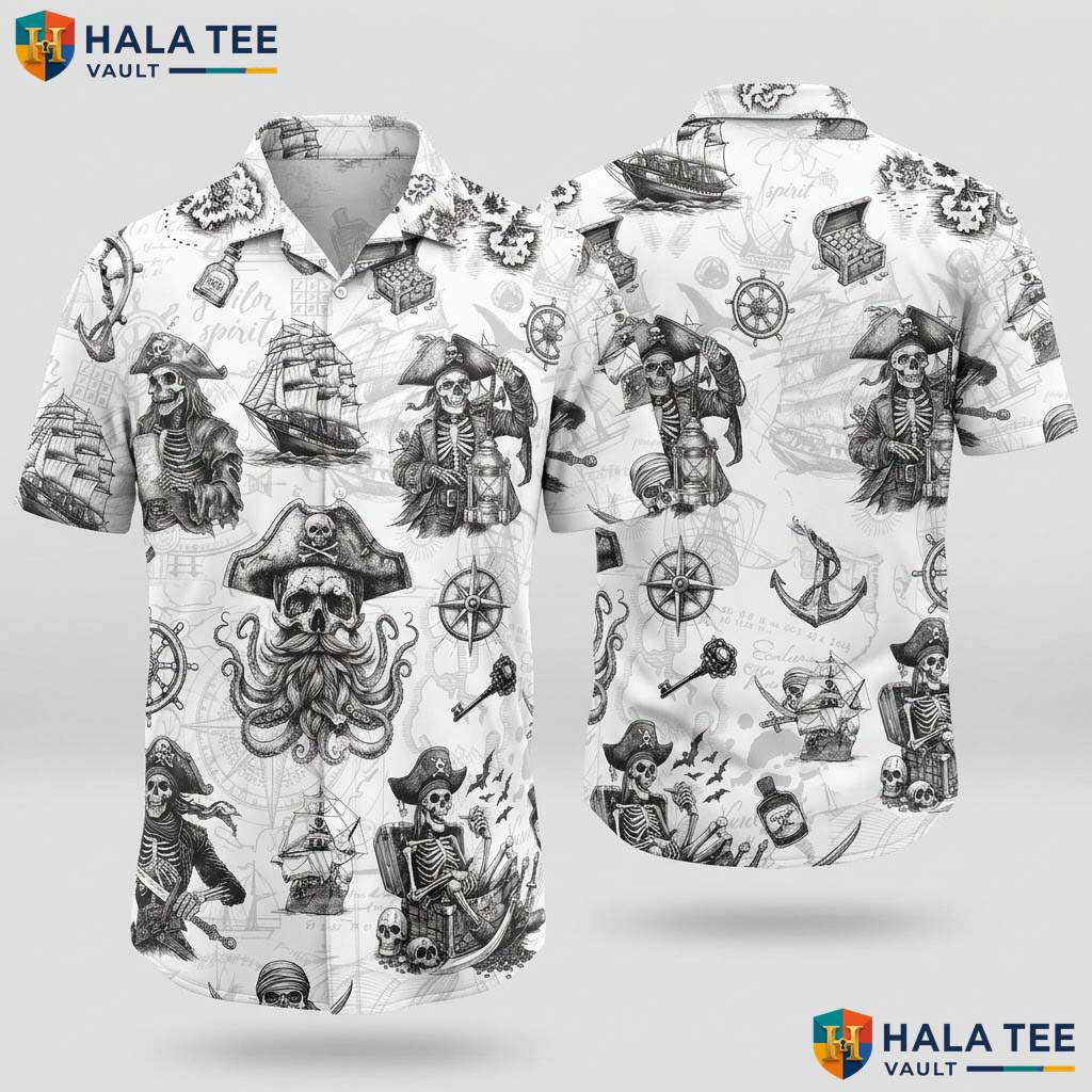White Pirate Ship Aloha Shirt Mens Funny Buccaneer Summer Resort Wear