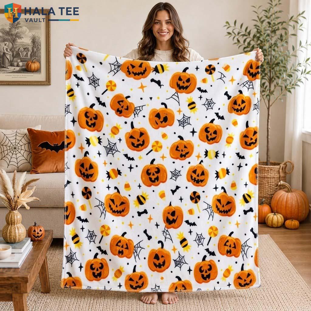 White Pumpkin Bat Halloween Fleece Blanket Cozy Spooky Party Throw Bed