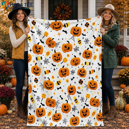 White Pumpkin Bat Halloween Fleece Blanket Cozy Spooky Party Throw Bed