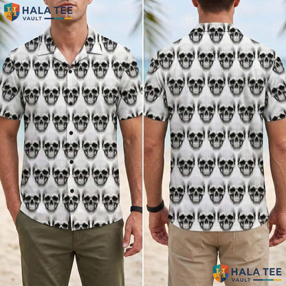White Skull Halloween Hawaiian Shirt Gothic Dark Vintage Aloha Top Adult