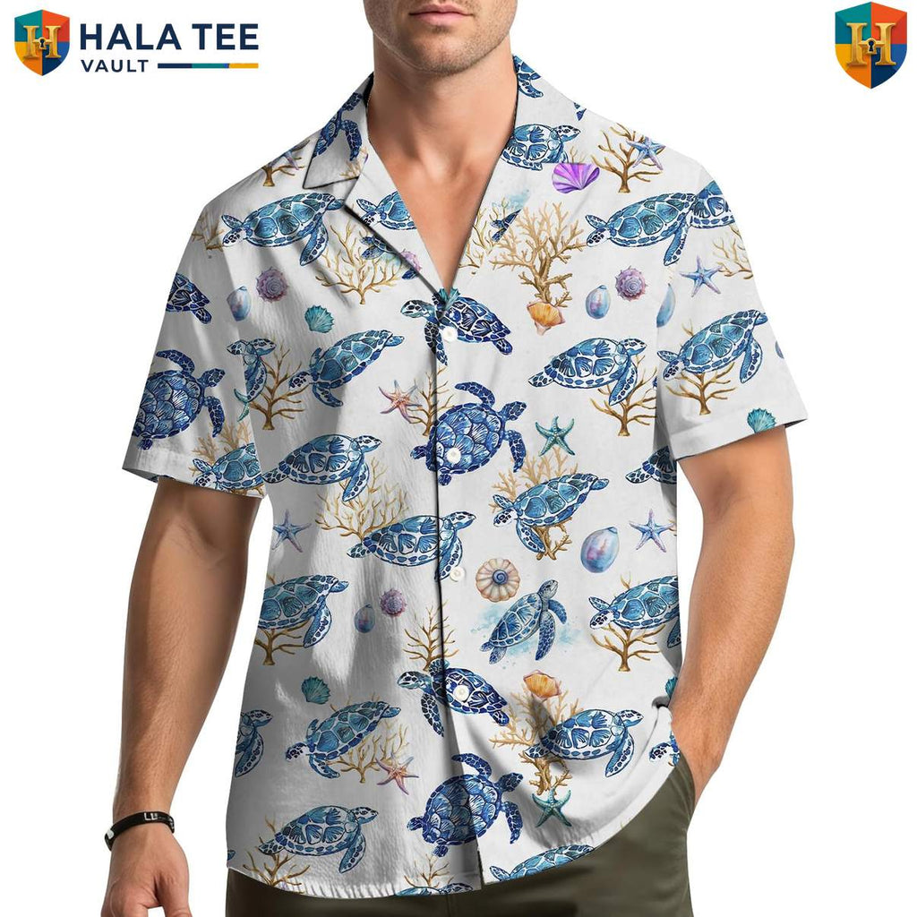 White Turtle Hawaiian Shirt Mens Short Sleeve Casual Summer Beachwear Top
