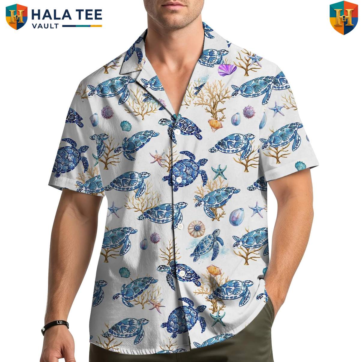 White Turtle Hawaiian Shirt Mens Short Sleeve Casual Summer Beachwear Top