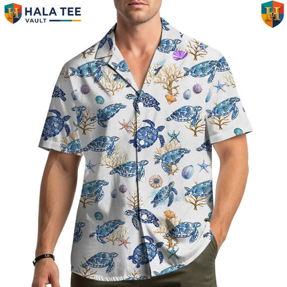 White Turtle Hawaiian Shirt Mens Short Sleeve Casual Summer Beachwear Top