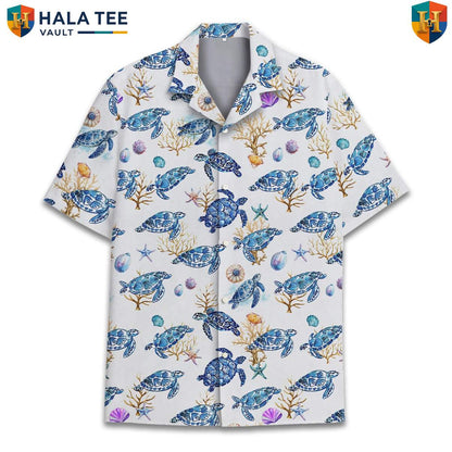 White Turtle Aloha Shirt Mens Short Sleeve Casual Summer Beachwear Top