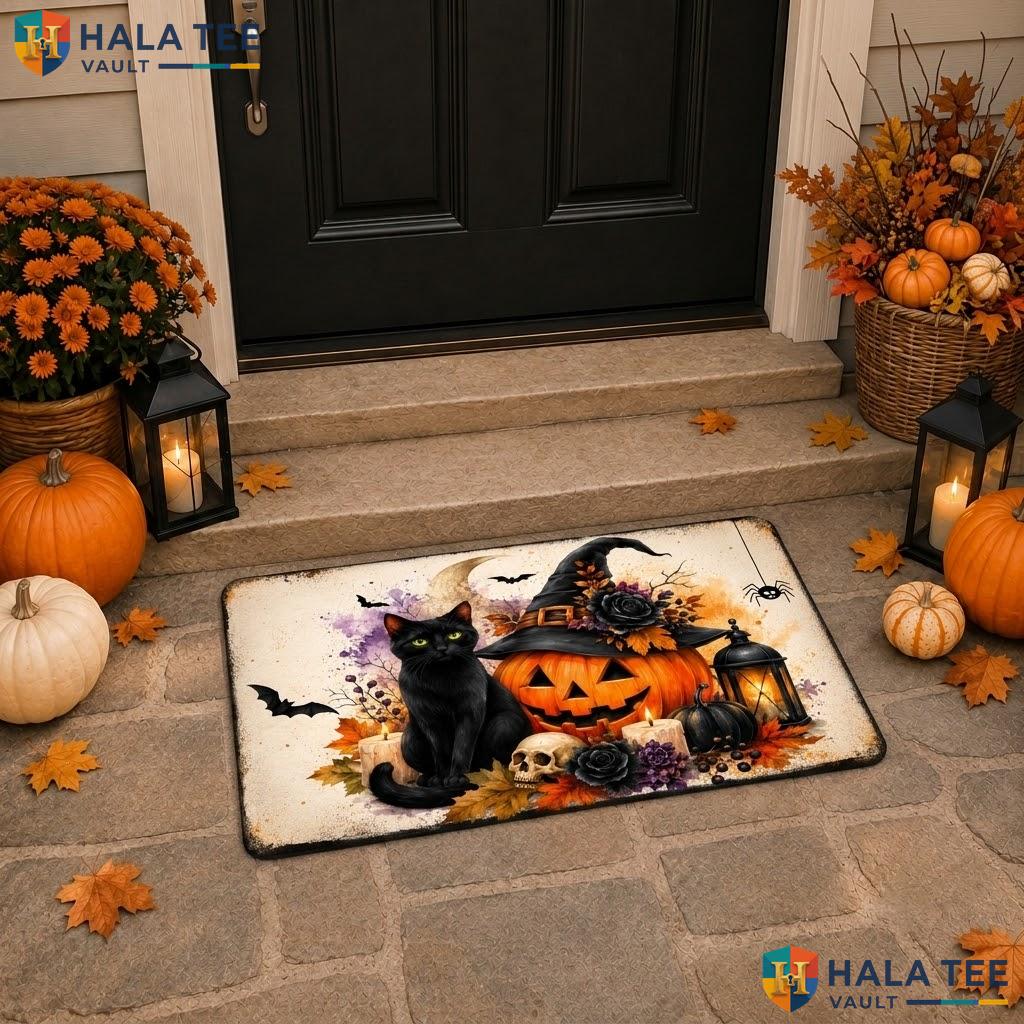 White Witch Hat Halloween Doormat Pumpkin Black Cat Welcome Entry Porch Rug