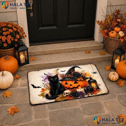 White Witch Hat Halloween Doormat Pumpkin Black Cat Welcome Entry Porch Rug