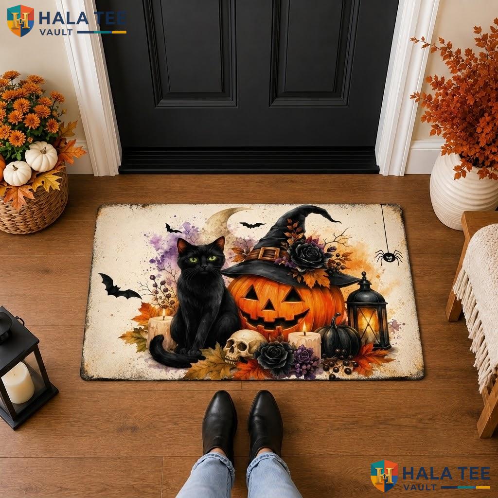 White Witch Hat Halloween Front door mat Pumpkin Black Cat Welcome Entry Porch Rug
