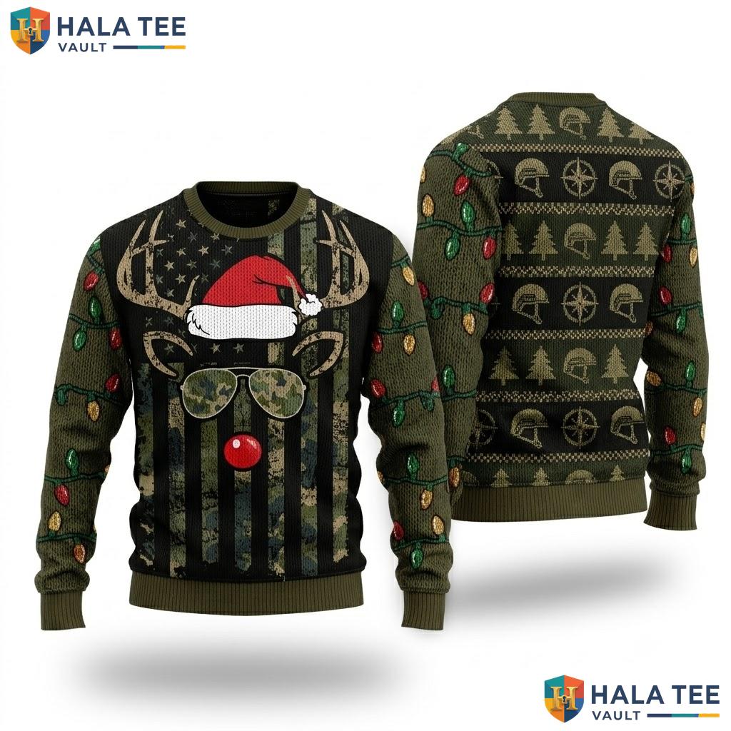 Whitetail Buck Bow Hunter Christmas Sweater Camo Deer Hunting Top