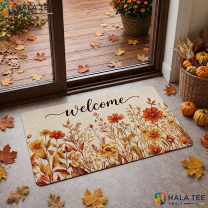 Wildflower Welcome Doormat, Autumn Floral Design For Cozy Home Entrance