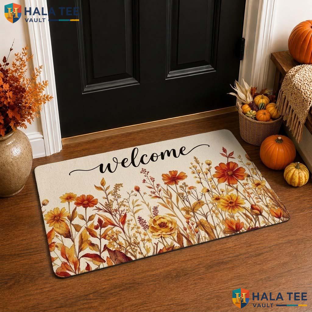 Wildflower Welcome Front door mat, Autumn Floral Design For Cozy Home Entrance