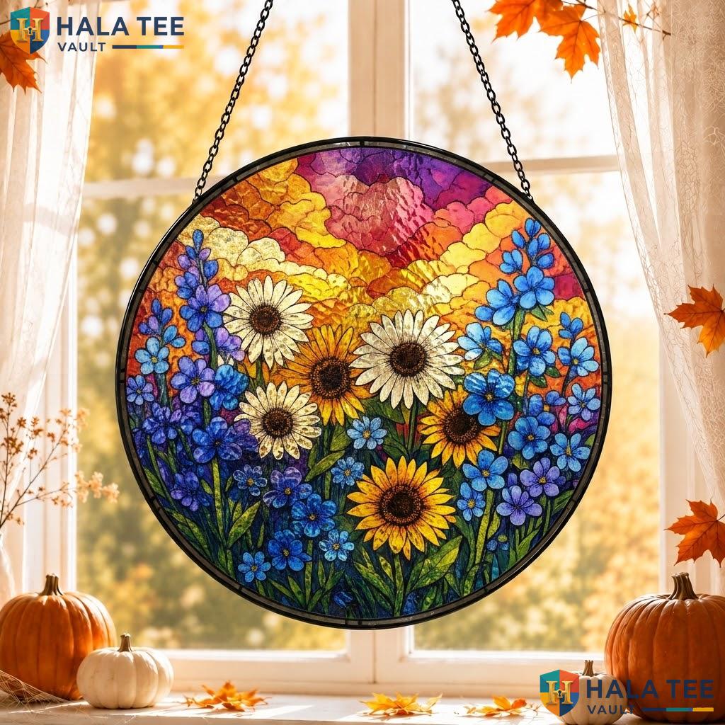 Wildflowers Pumpkin Stained Glass Suncatcher Spooky Fall Window Hanging