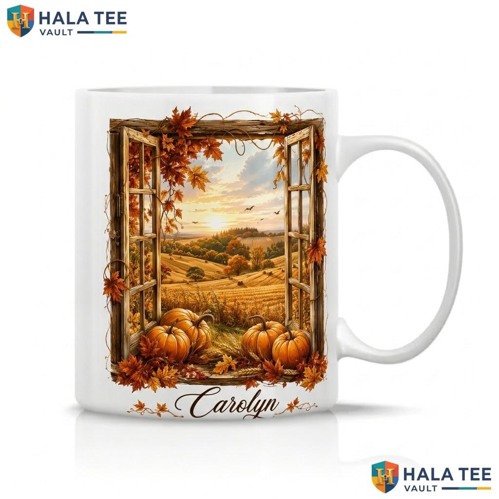 Window With Autumn Fields Ceramic Mug Personalized Halloween Coffee Cup