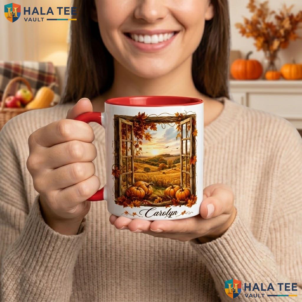 Window With Autumn Fields Ceramic Mug Personalized Halloween Coffee Camping Mug