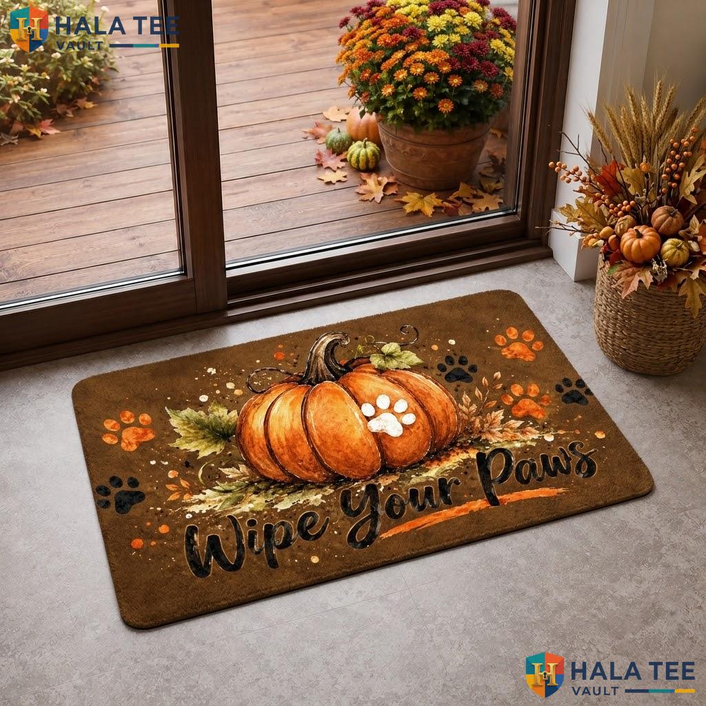 Wipe Your Paws Halloween Doormat Pumpkin Black Cat Faux Coir Front Porch Rug
