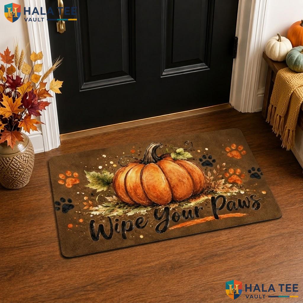 Wipe Your Paws Halloween Front door mat Pumpkin Black Cat Faux Coir Front Porch Rug