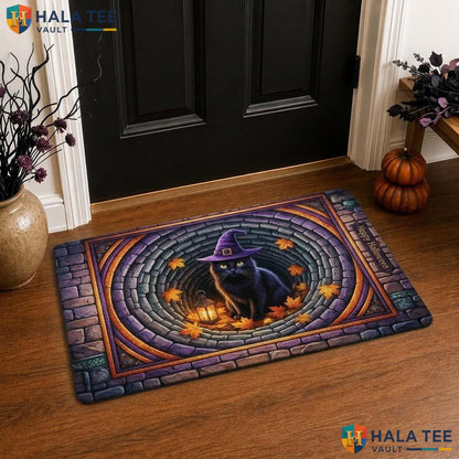 Witch Black Cat Halloween Front door mat 3D Vortex Illusion Fall Autumn Decor