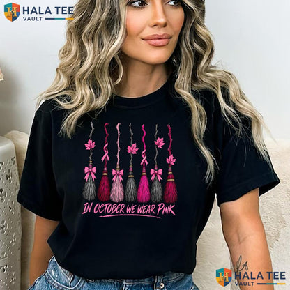 Witch Brooms Breast Cancer T-Shirt October We Wear Pink Awareness Adult