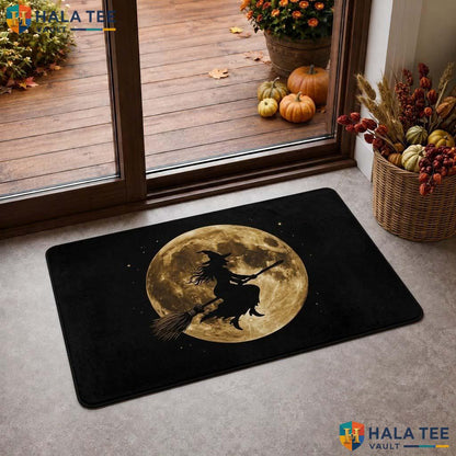 Witch Broomstick Fall Doormat Spooky Entryway Rug Full Moon Design