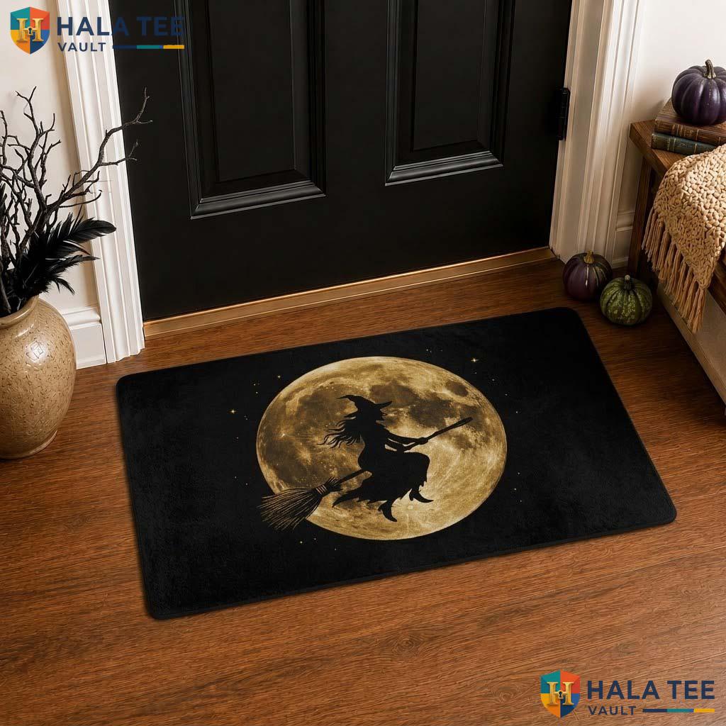 Witch Broomstick Fall Front door mat Spooky Entryway Rug Full Moon Design