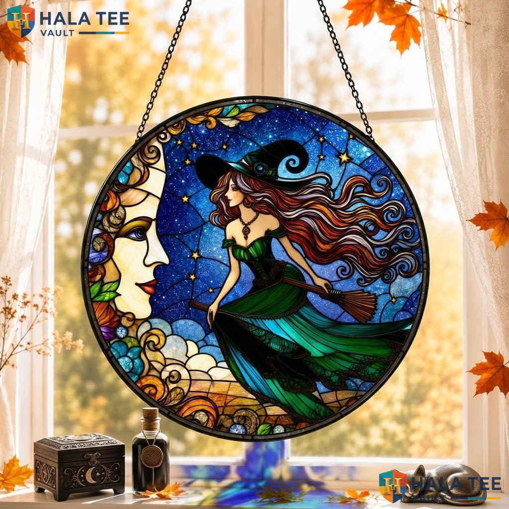 Witch Broomstick Halloween Stained Glass Suncatcher Celestial Moon Art Window
