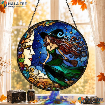 Witch Broomstick Halloween Stained Glass Suncatcher Celestial Moon Art Window