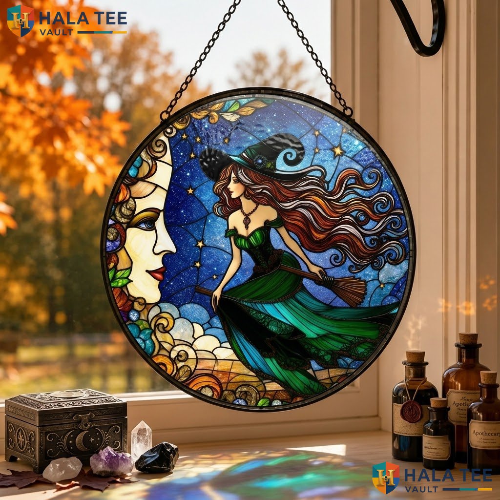Witch Broomstick Halloween Stained Glass Suncatcher Celestial Moon Art Window Adult
