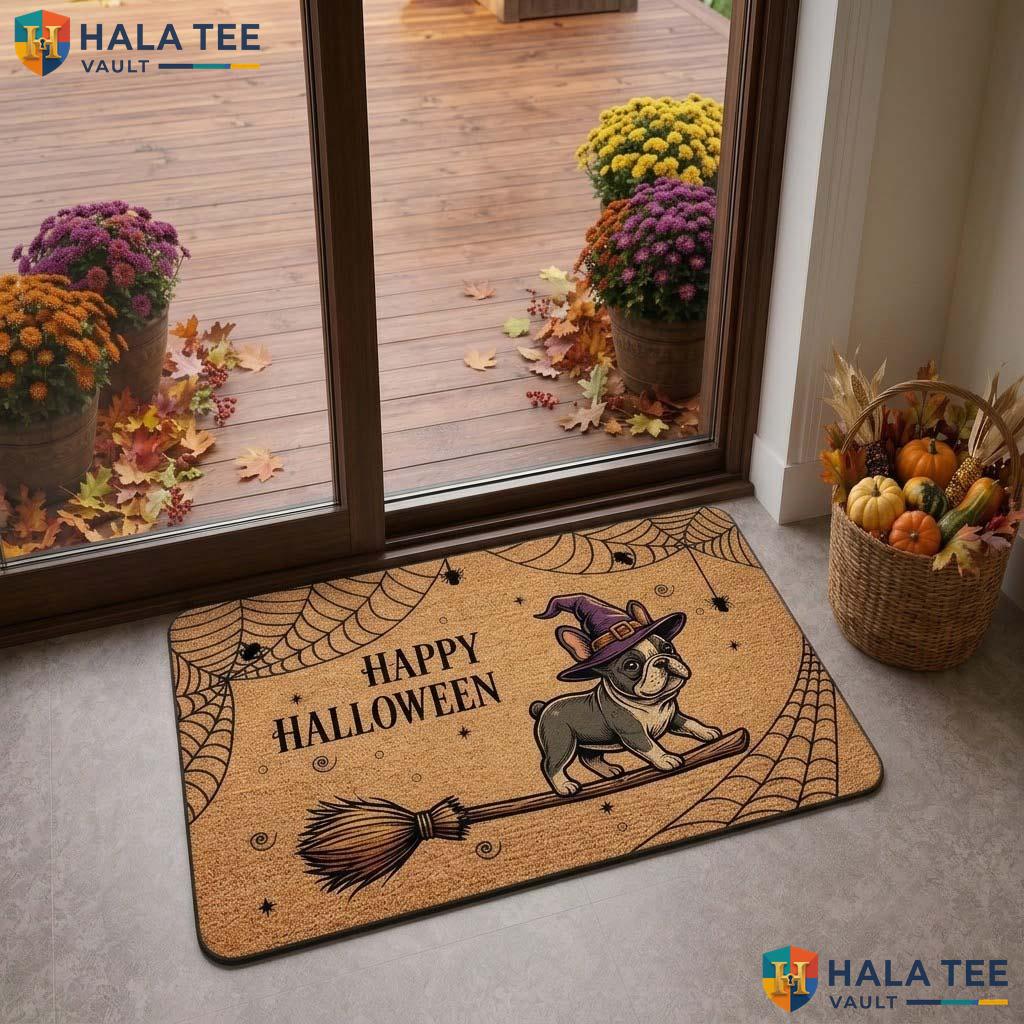 Witch Bulldog Fall Doormat Playful Spiderweb Welcome Rug Entryway Decor