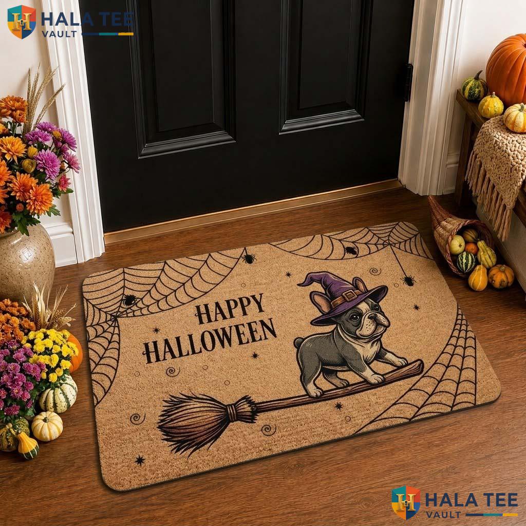 Witch Bulldog Fall Front door mat Playful Spiderweb Welcome Rug Entryway Decor