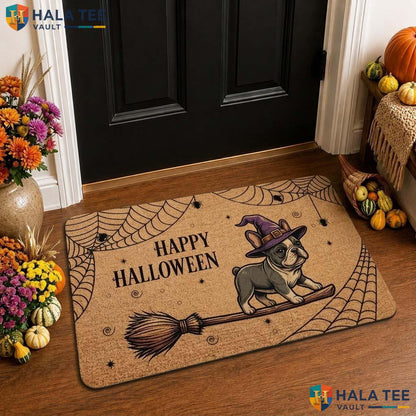 Witch Bulldog Fall Front door mat Playful Spiderweb Welcome Rug Entryway Decor