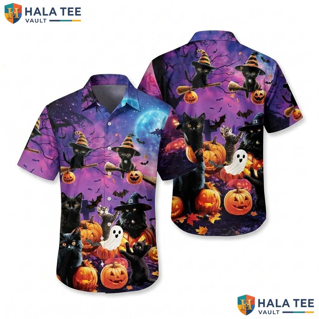 Witch Cat Halloween Hawaiian Shirt Spooky Pumpkin Beach Aloha Top