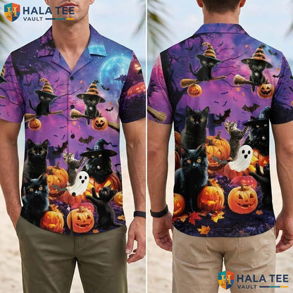Witch Cat Halloween Hawaiian Shirt Spooky Pumpkin Beach Aloha Top Adult